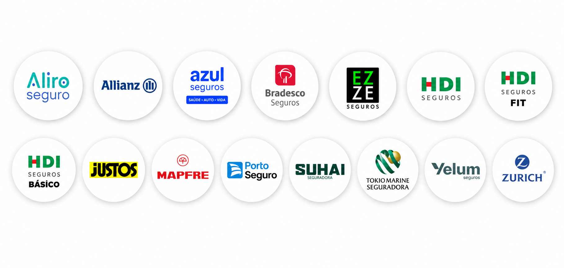 Logos das seguradoras parceiras: Aliro, Allianz, Azul Seguros, Bradesco Seguros, EZZE, HDI, Justos, Mapfre, Porto Seguro, Suhai, Tokio Marine, Yelum e Zurich